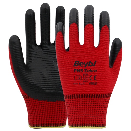 Beybi Zebra Polyester rme Nitril Eldiven PN5 Krmz (9 Beden)